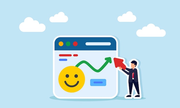 Businessman wijst met de cursor naar de lijngrafiek op de app-interface met een gelukkige emoticon-illustratie van de publieke aandacht en de groei van positieve reacties