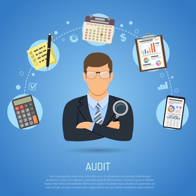 Businessman with audit elements web template