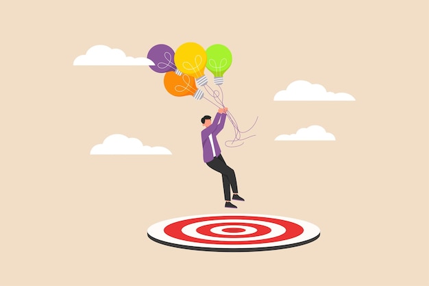 Бизнесмен с воздушными шарами вниз, чтобы достичь целевого круга цель бизнеса - прибыль плоская векторная иллюстрация изолирована