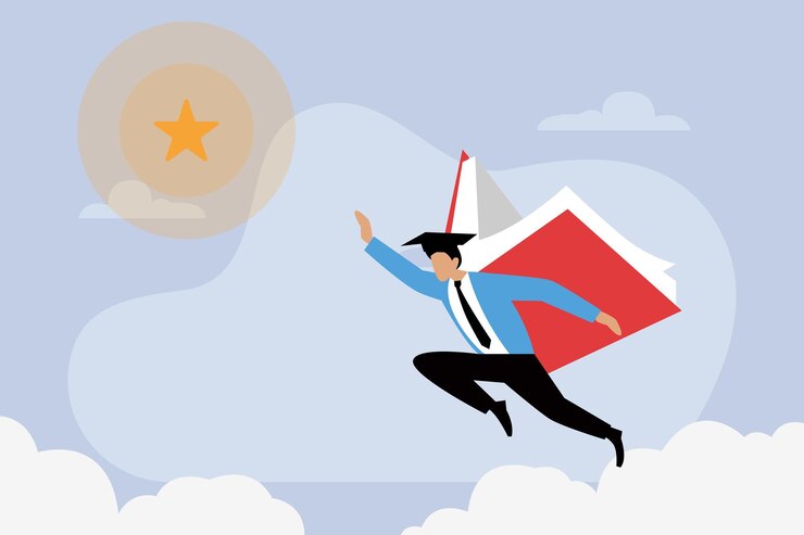 Vector businessman with book behind his back flies toward a star 2d flat vector illustration