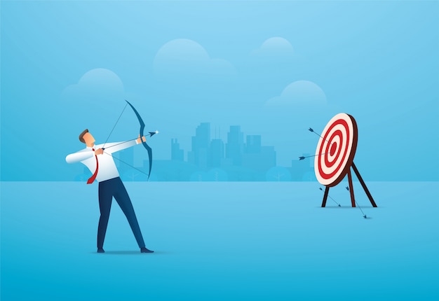 Businessman with bow aiming the target.  business