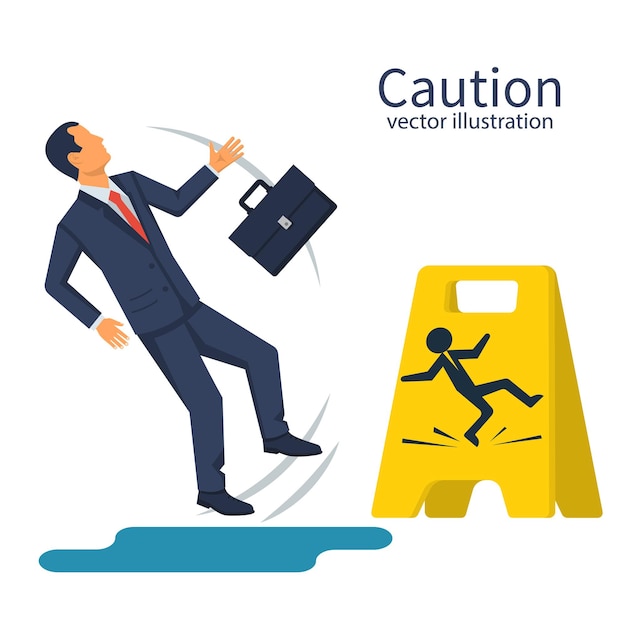 Vector businessman with a briefcase fell on a wet floor floor sign of danger cleaning in progress wet floor sign isolated on white background vector illustration flat design not an attentive person