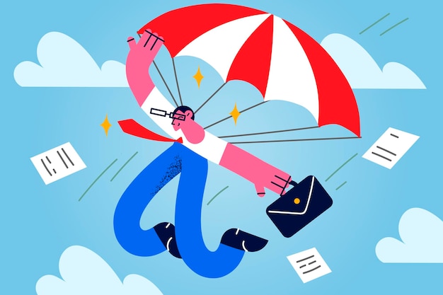 Бизнесмен с портфелем летит на парашюте в небе, рискуя ради достижения бизнес-цели или успеха. Сотрудник-мужчина, участвующий в рискованном проекте для достижения цели или задачи. Векторная иллюстрация.