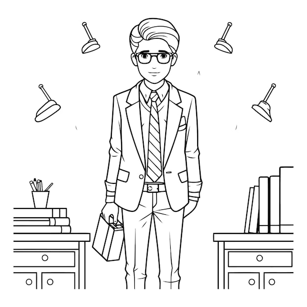Vector businessman with briefcase in the office in line art style