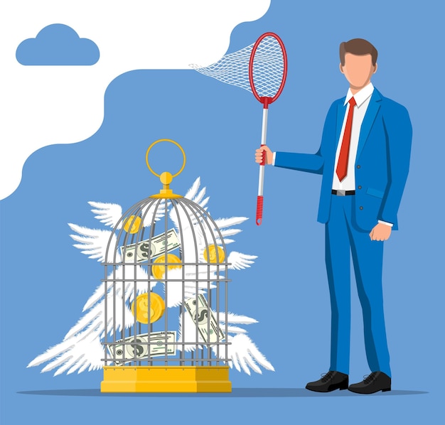 Businessman with butterfly net and cage chasing money. dollar banknotes and gold coins with wings in birdcage. concept of success career growth. achievement and goal. flat vector illustration