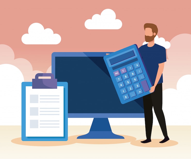Vector businessman with calculator and computer technology and document
