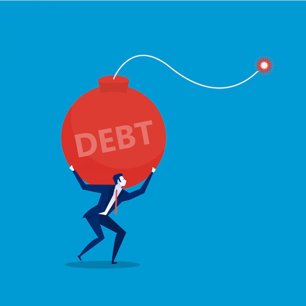 Vector businessman with carrying debt bomb. flat illustration