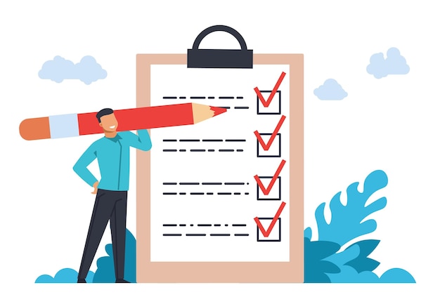 Businessman with checklist Young male marking completed goals Man with red pencil and clipboard paper Time management and planning Vector control business processes flat concept