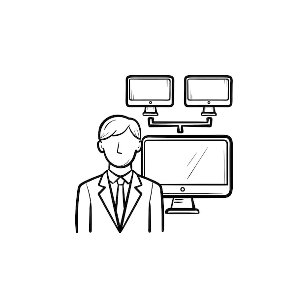 Businessman with computer network hand drawn outline doodle icon. Conferencing and business meeting concept