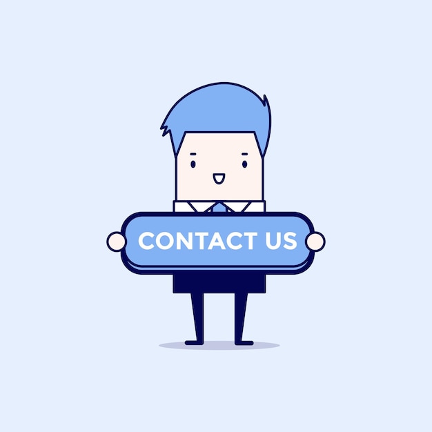 Businessman with contact us button Cartoon character.