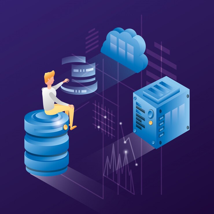 Vector businessman with data center network icons