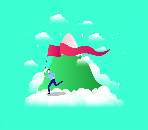 businessman with flag competing in the sky and mountain