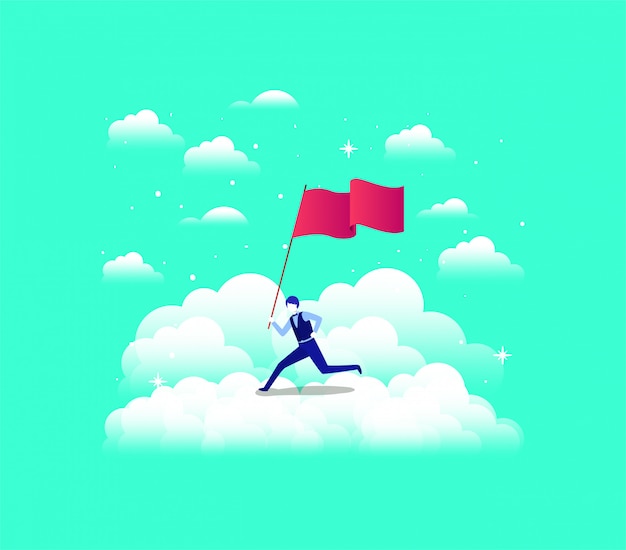 businessman with flag competing in the sky