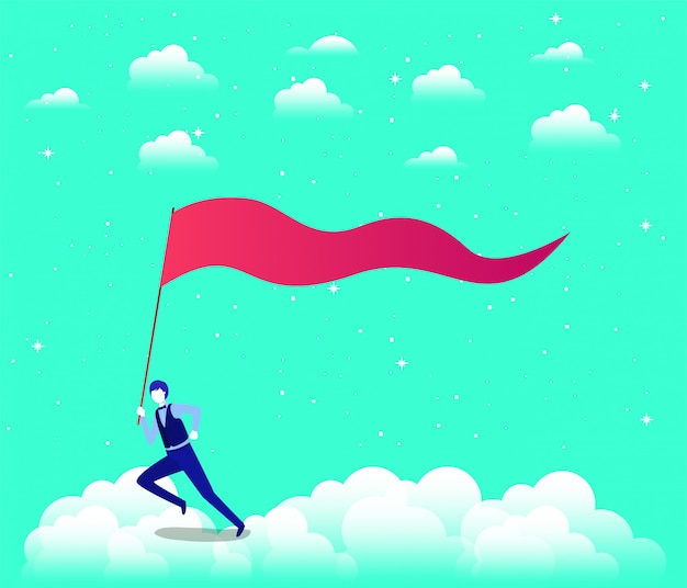 Businessman with flag competing in the sky