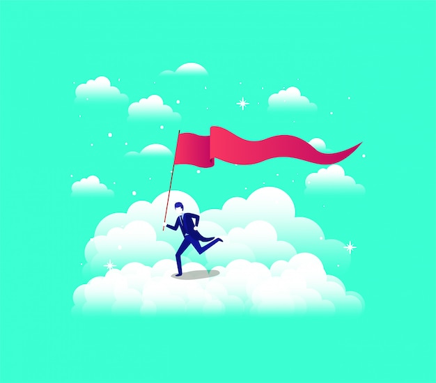 businessman with flag competing in the sky