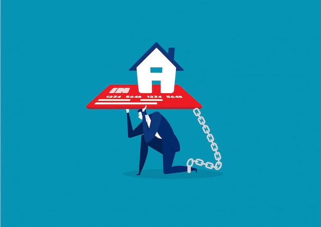 Vector businessman with foot chained to home credit card debt concept