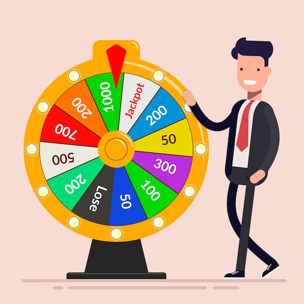 Vector businessman with fortune wheel.