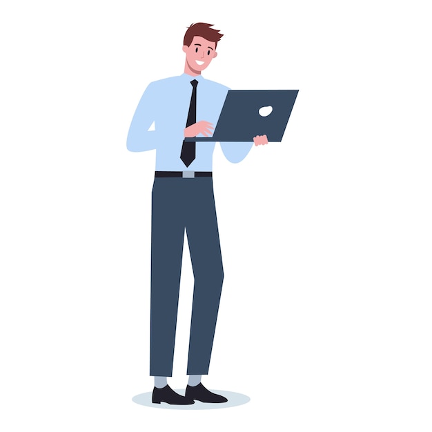 Vector businessman with gadget. male characterin suit holding laptop.