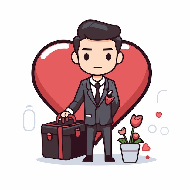 Businessman with gift box and heart Vector illustration in cartoon style