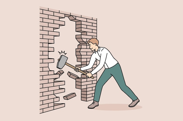 Vector businessman with hammer break wall