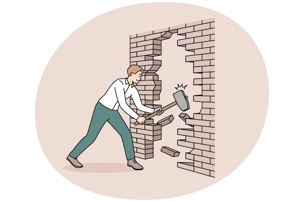 Vector businessman with hammer break wall