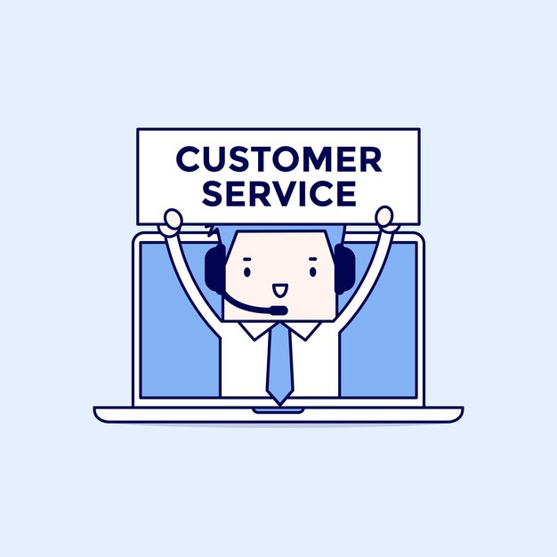 Businessman with headset in a computer customer service and technical support concept cartoon character thin line style vector