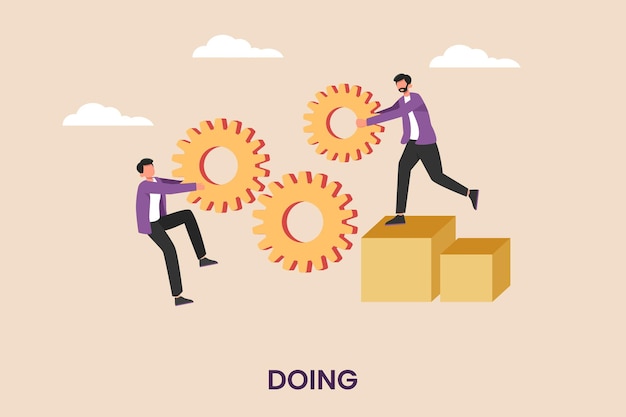 Businessman with his friend use all his power and skill to rotate group of cogwheels gear Job training concept Flat vector illustration isolated