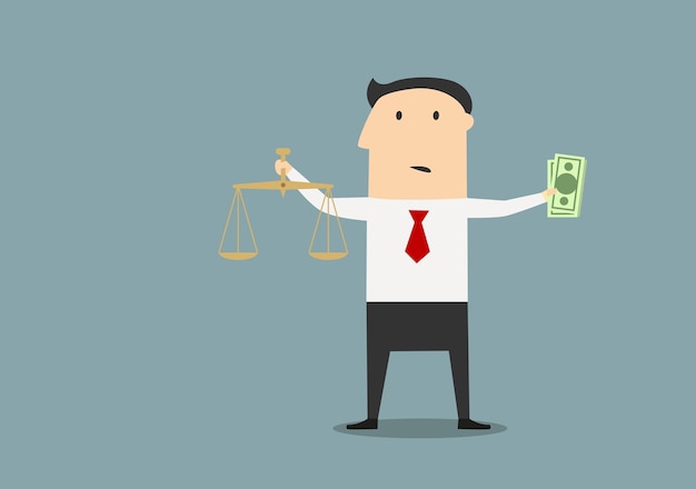 Vector businessman with justice scales and money