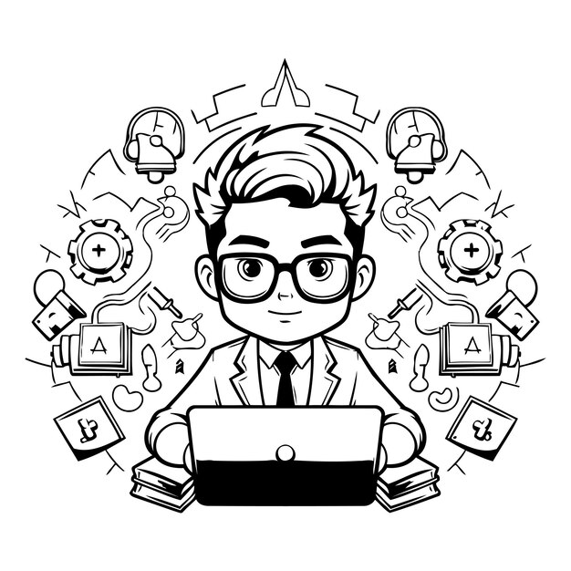 Businessman with laptop and icons around him Black and white vector illustration