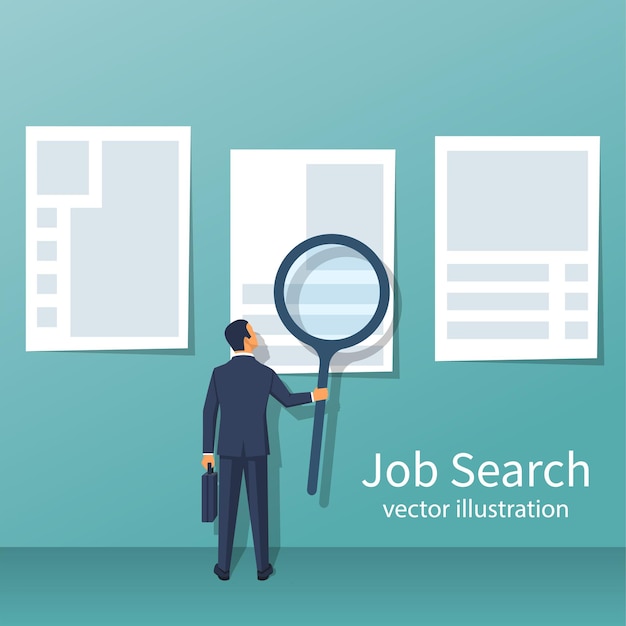 Vector businessman with a large magnifying glass looking for work job search view ads on the wall vector illustration flat design isolated on white background business people