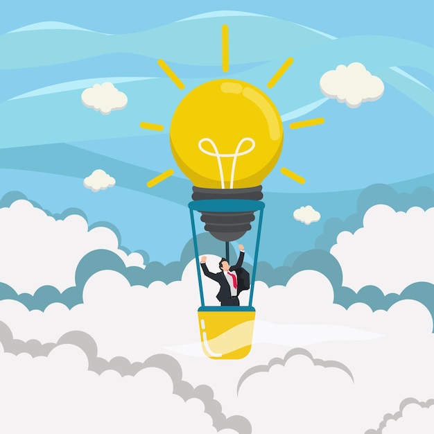 Businessman with light bulb balloon flying in the sky Success with ideas vector illustration