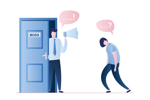 Businessman with loudspeaker in hand office boss with megaphone stands in the doorway vector