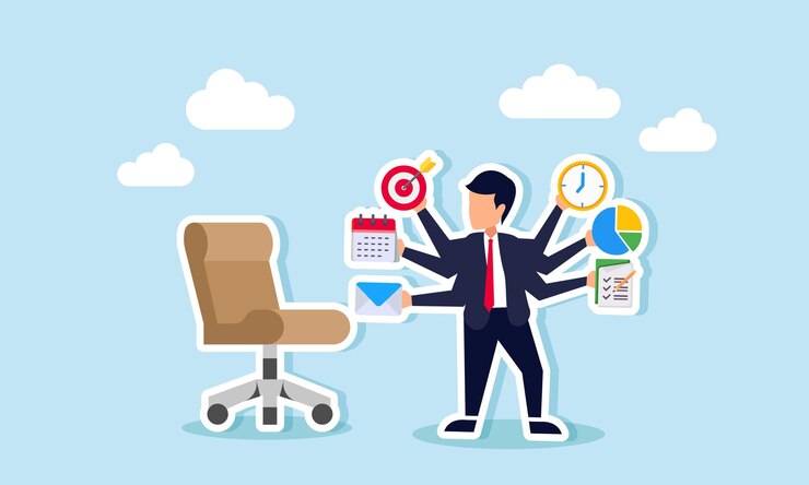 Vector businessman with many hands holding mail calendar targets clock diagram and tasks