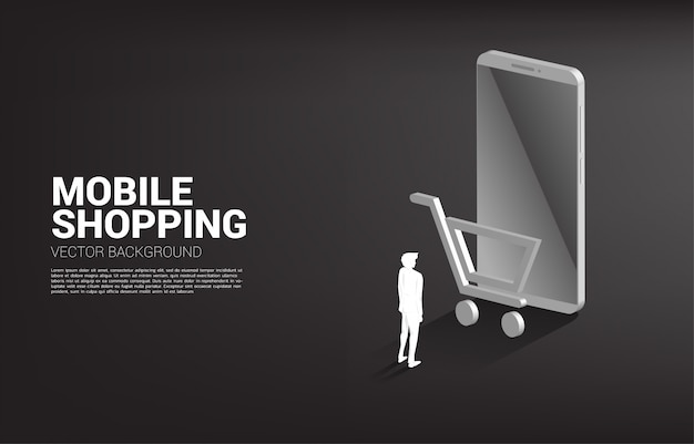 Businessman with mobile phone and shopping cart icon. concept of mobile shopping and e-commerce marketing.