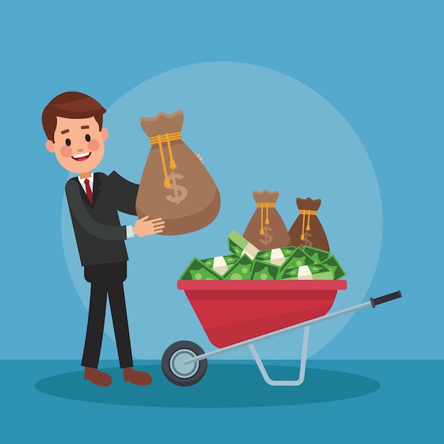 Businessman with money inside wheelbarrow 