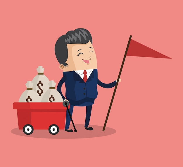 Vector businessman with money on little cart cartoon