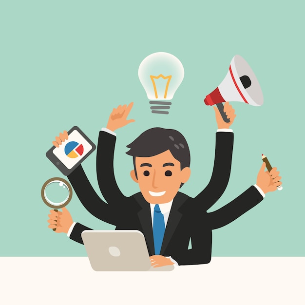 Vector businessman with multitasking skills cartoon illustration