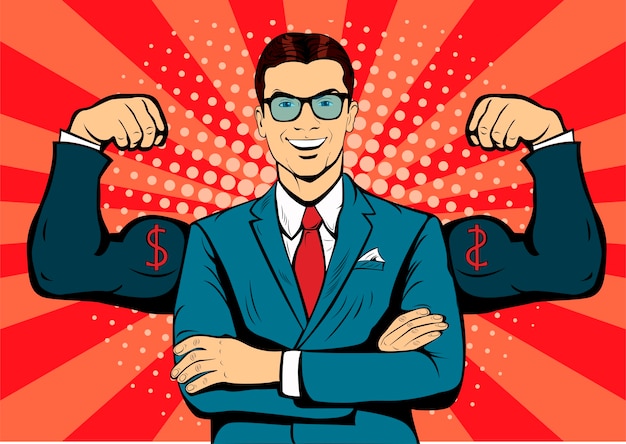 Vector businessman with muscles pop art retro style