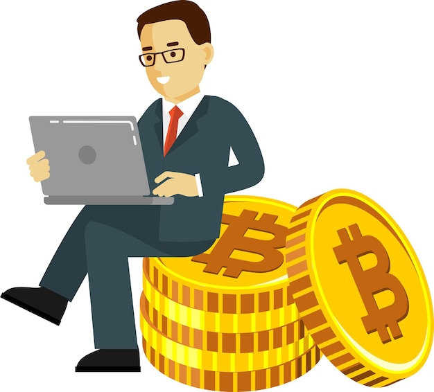 Businessman with Notebook Sitting on Cryptocurrency Bitcoins Coins