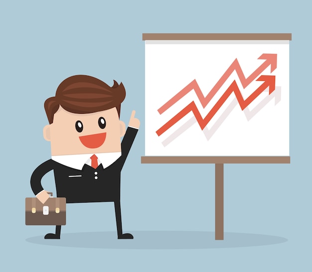 Businessman with pointer stick presenting a growing chart.