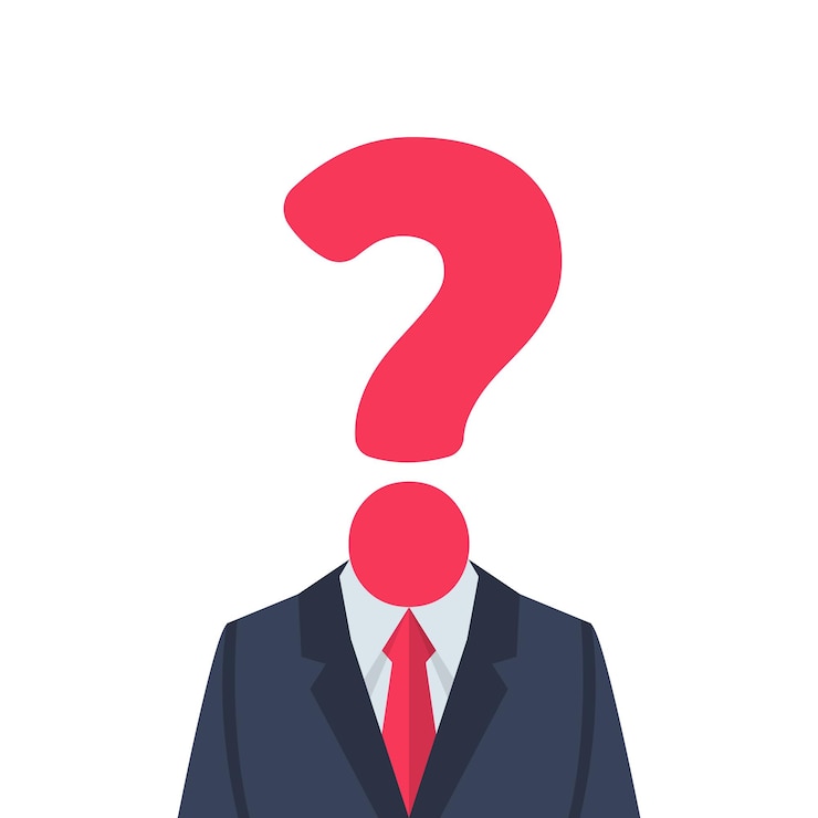 Vector businessman with question mark instead of head human in front of whom the big problems and solution