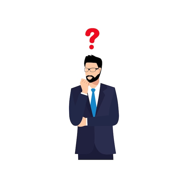 Businessman with question marks man with question vector male character solving problem dilemma