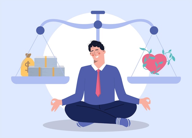 Vector businessman with scales concept young guy in lotus position near weights with heart and money work life balance health versus career inner calmness and balance cartoon flat vector illustration