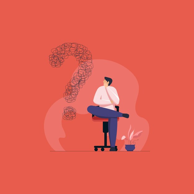 Vector businessman with serious expression sitting on office chair confused person with question mark