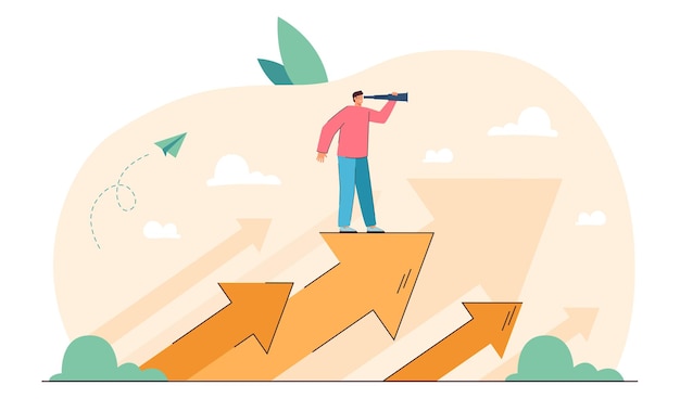 businessman with spyglass standing on arrow growing up. tiny man in search of direction of future work, way to better changes flat vector illustration. success, career, business vision concept