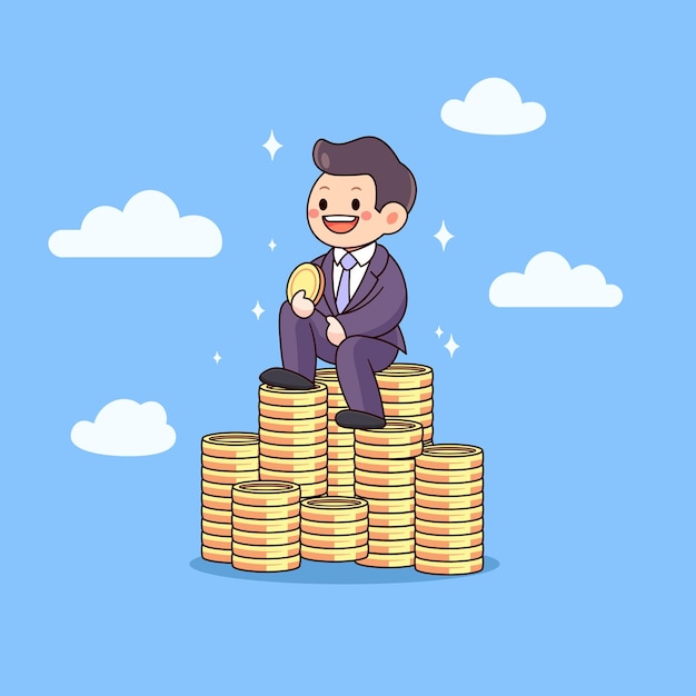 Businessman with stacks of coins cartoon vector illustration