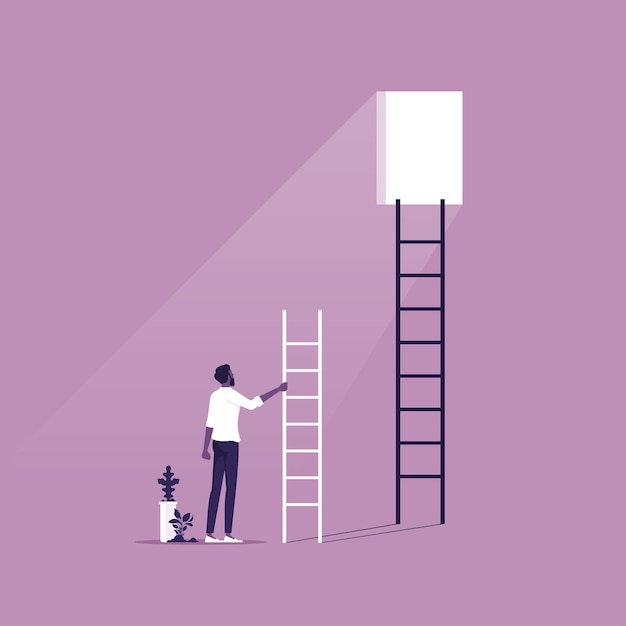 Vector businessman with staircase looking at window in wall symbol of challenge and motivation