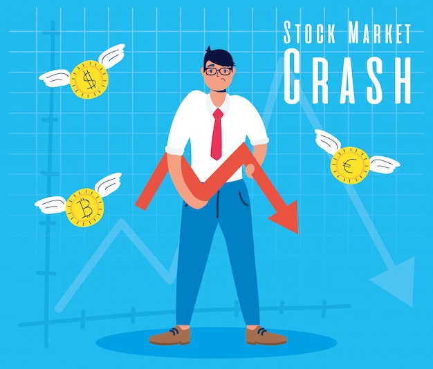 Vector businessman with stock market crash icons