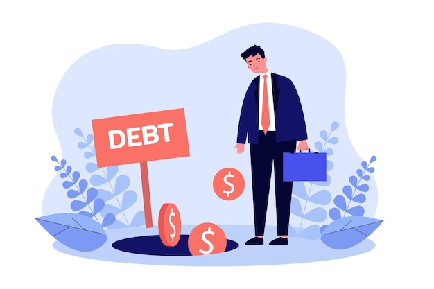 Vector businessman with stress standing near debt hole. loss of falling money by man flat vector illustration. bankruptcy, overdraft, financial crisis concept for banner, website design or landing web page