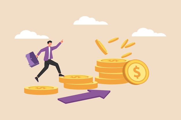 Businessman with suitcase climb the gold coin ladder to get money Financial visionary investment growth interest rate rising up or economic forecast concept Colored flat vector illustration